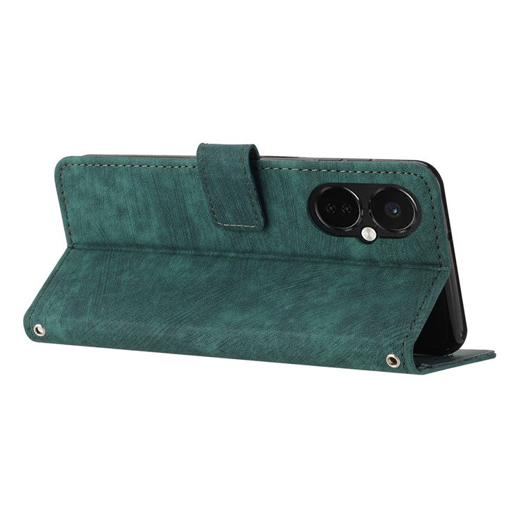 For OnePlus Nord CE3 5G PU Leather Wallet Phone Stand Case Lines Imprinted Cover with Straps - Green
