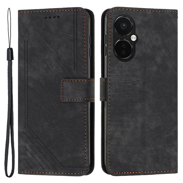 Flip Stand Phone Case for OnePlus Nord CE3 5G , Imprint Lines PU Leather Skin-touch Phone Cover Wallet - Black