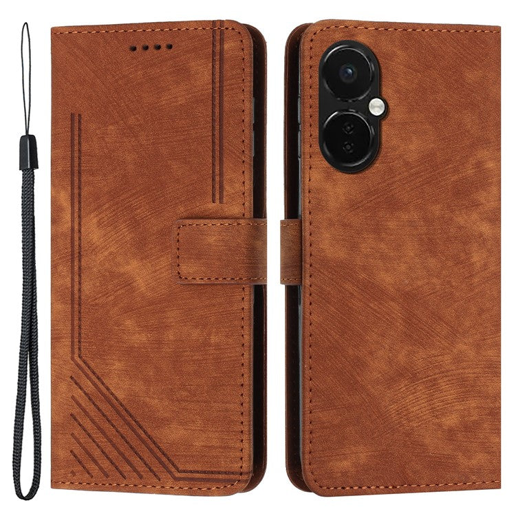 Flip Stand Phone Case for OnePlus Nord CE3 5G , Imprint Lines PU Leather Skin-touch Phone Cover Wallet - Brown
