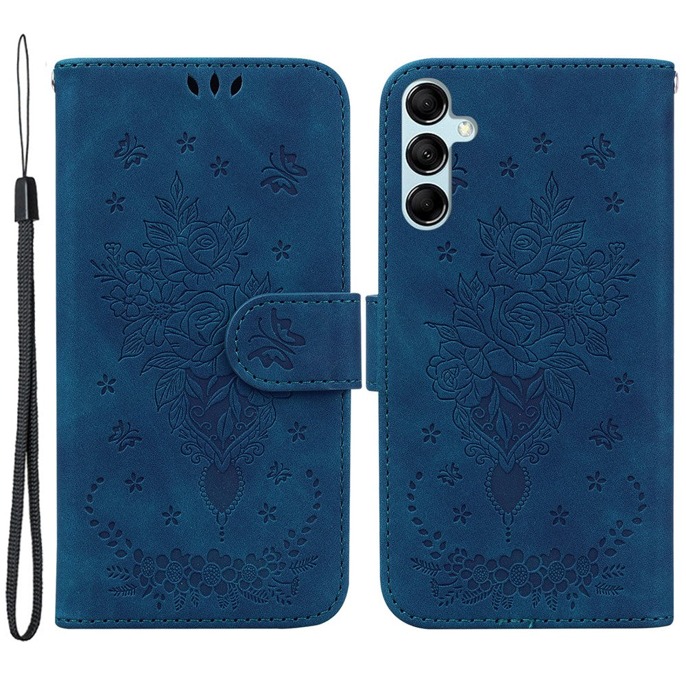 Leather Stand Wallet Phone Case for Samsung Galaxy M14 5G , Imprinted Rose Butterfly Phone Cover - Blue