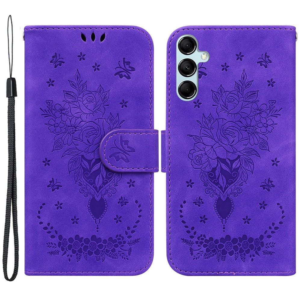 Leather Stand Wallet Phone Case for Samsung Galaxy M14 5G , Imprinted Rose Butterfly Phone Cover - Purple