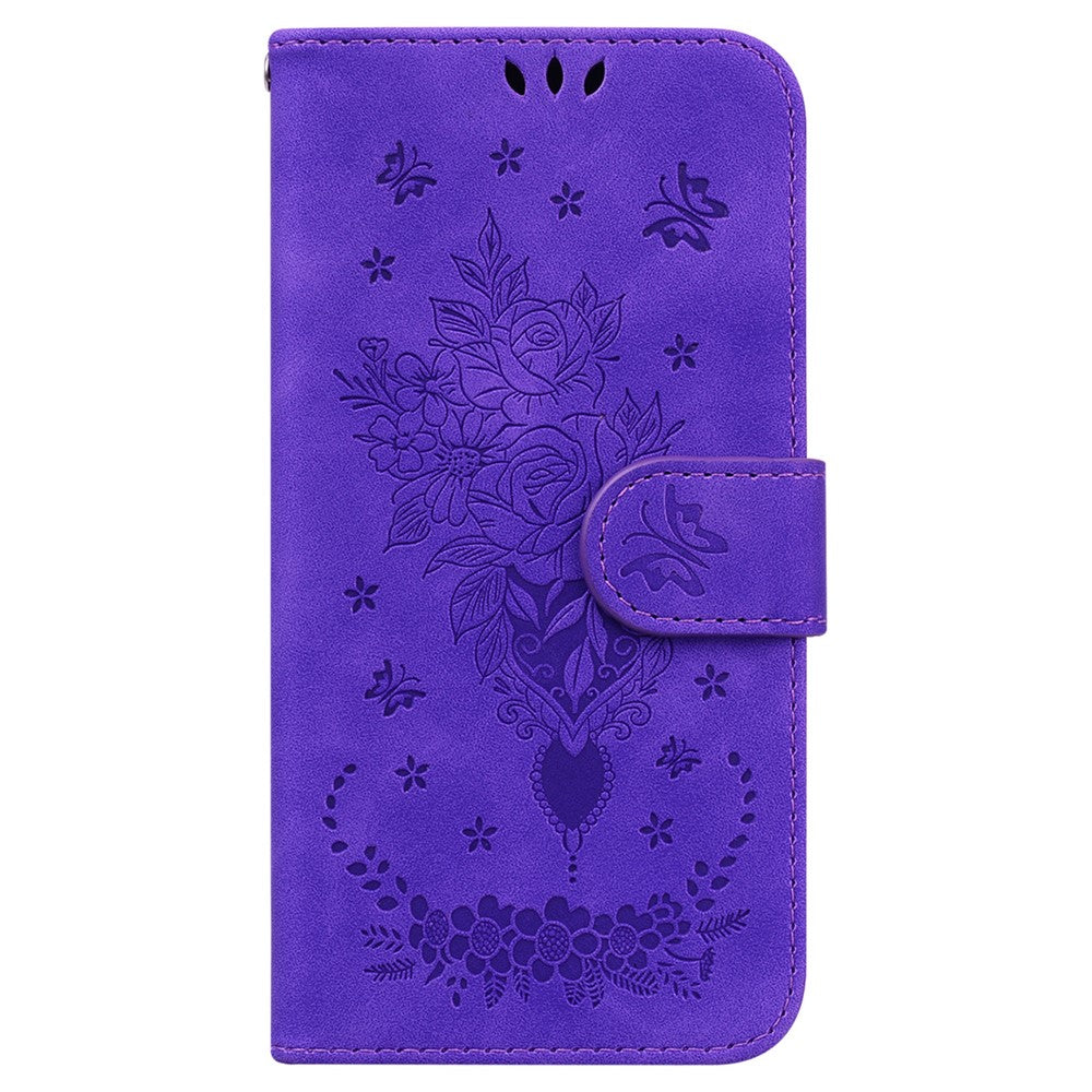Leather Stand Wallet Phone Case for Samsung Galaxy M14 5G , Imprinted Rose Butterfly Phone Cover - Purple