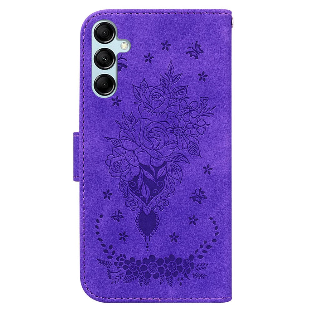 Leather Stand Wallet Phone Case for Samsung Galaxy M14 5G , Imprinted Rose Butterfly Phone Cover - Purple