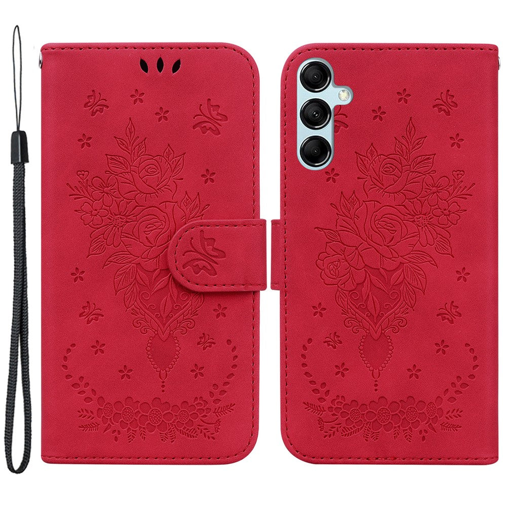 Leather Stand Wallet Phone Case for Samsung Galaxy M14 5G , Imprinted Rose Butterfly Phone Cover - Red