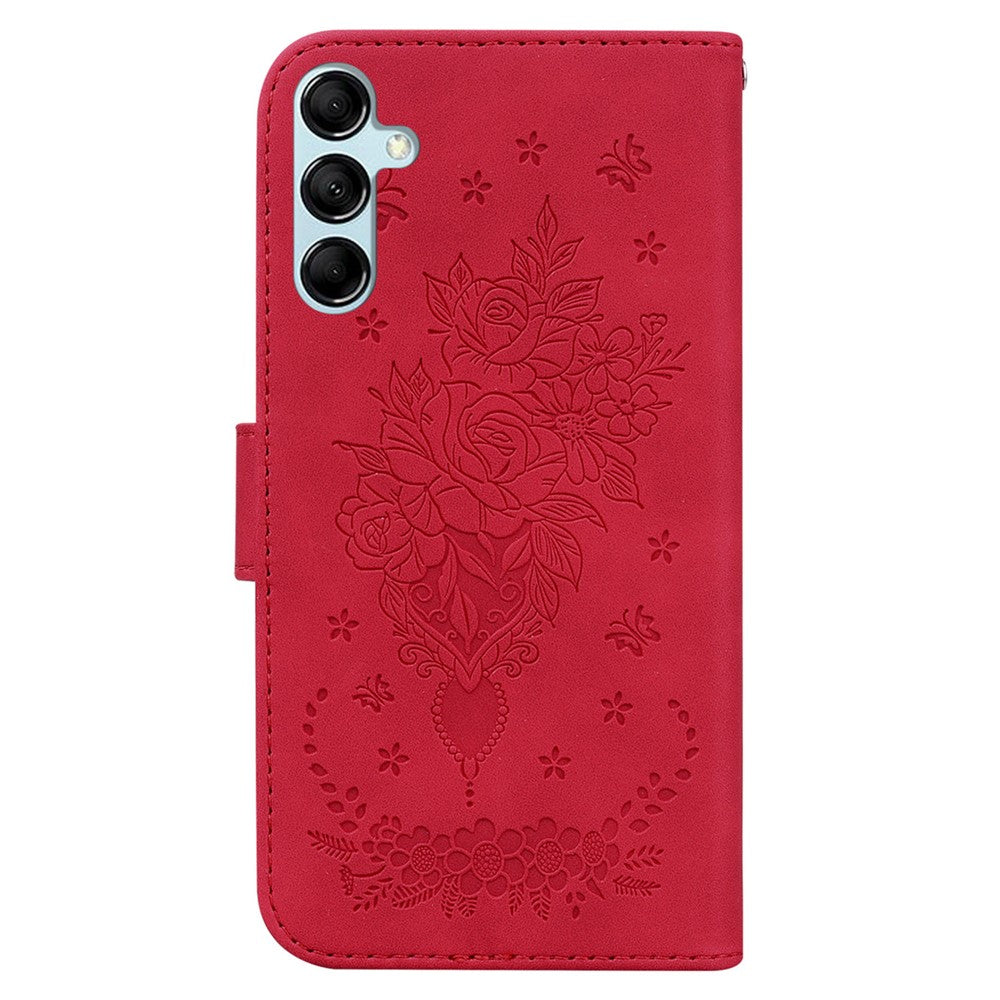 Leather Stand Wallet Phone Case for Samsung Galaxy M14 5G , Imprinted Rose Butterfly Phone Cover - Red