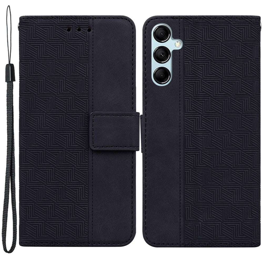 For Samsung Galaxy M14 5G Phone Case PU Leather Wallet Stand Geometry Pattern Imprinted Cover - Black