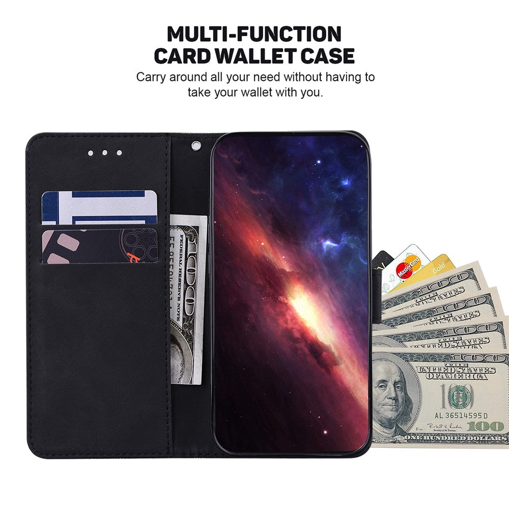 For Samsung Galaxy M14 5G Phone Case PU Leather Wallet Stand Geometry Pattern Imprinted Cover - Black
