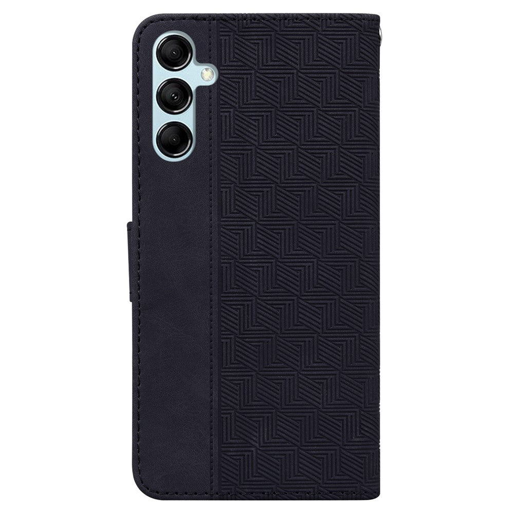 For Samsung Galaxy M14 5G Phone Case PU Leather Wallet Stand Geometry Pattern Imprinted Cover - Black