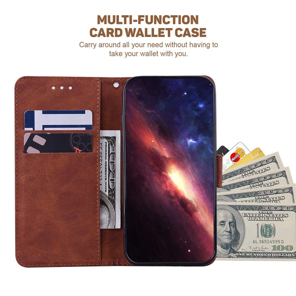 For Samsung Galaxy M14 5G Phone Case PU Leather Wallet Stand Geometry Pattern Imprinted Cover - Brown