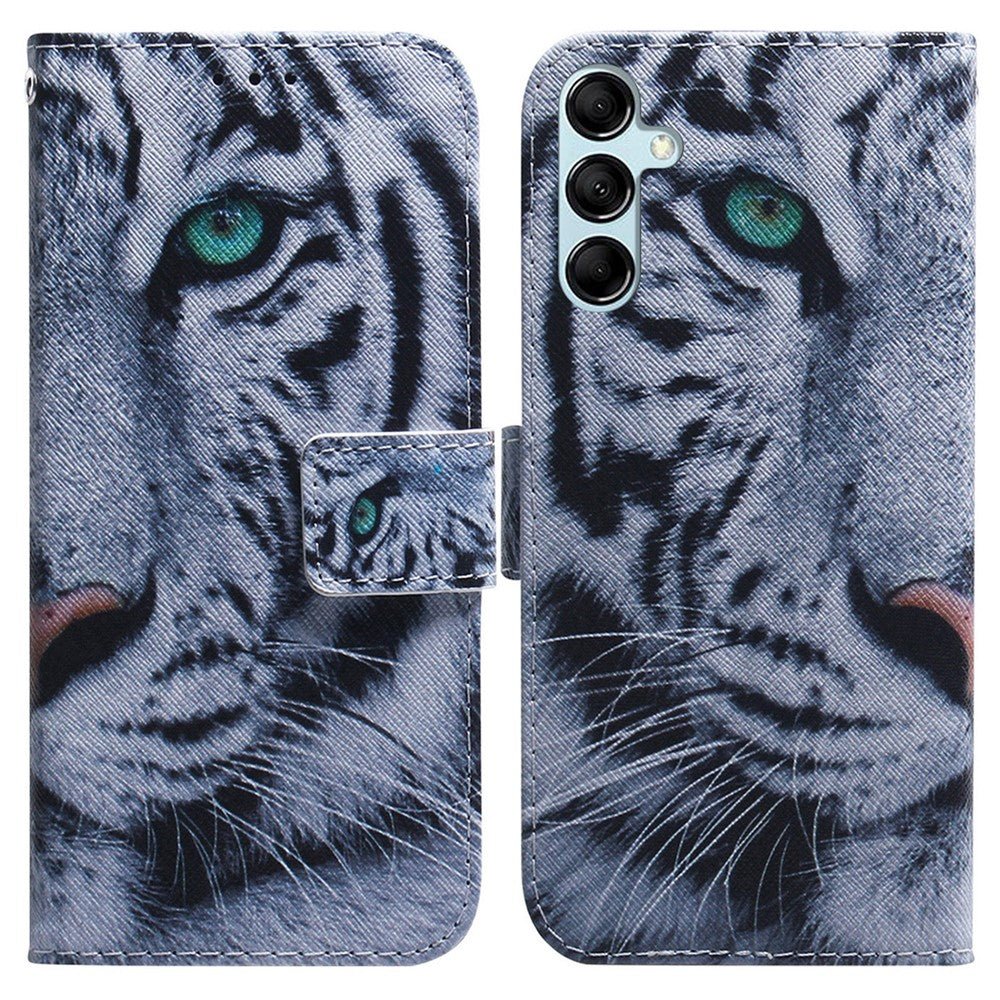 For Samsung Galaxy M14 5G Wallet Stand Pattern Printing Phone Case PU Leather Shockproof Cover Shell - Tiger Head
