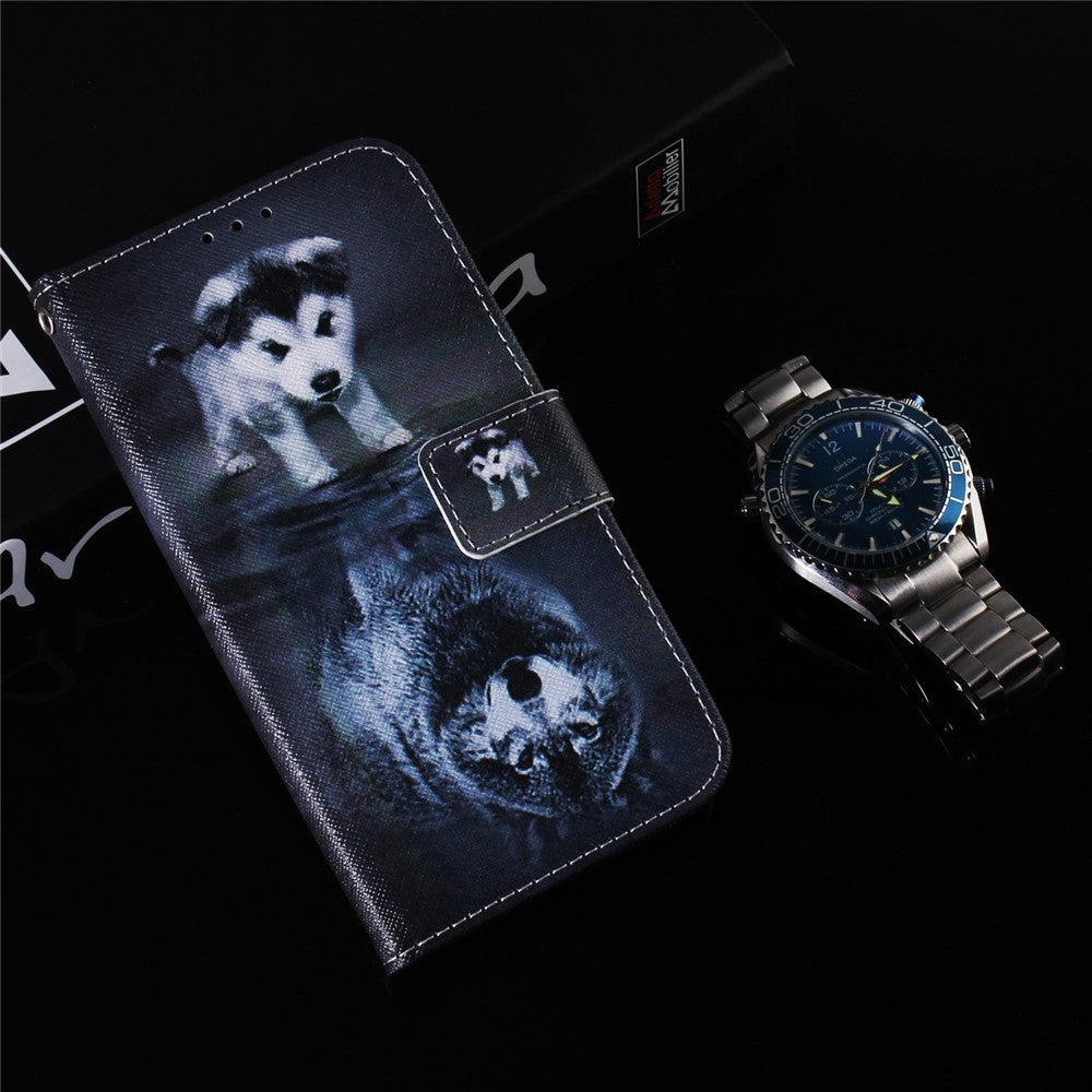 For Samsung Galaxy M14 5G Wallet Stand Pattern Printing Phone Case PU Leather Shockproof Cover Shell - Dog and Wolf