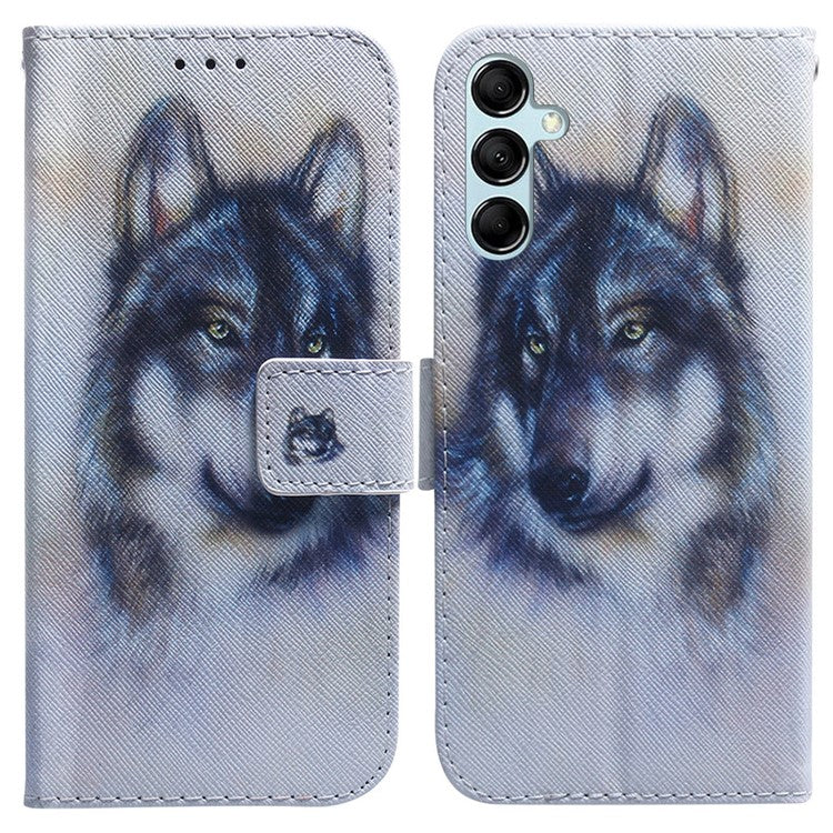 For Samsung Galaxy M14 5G Wallet Stand Pattern Printing Phone Case PU Leather Shockproof Cover Shell - Wolf
