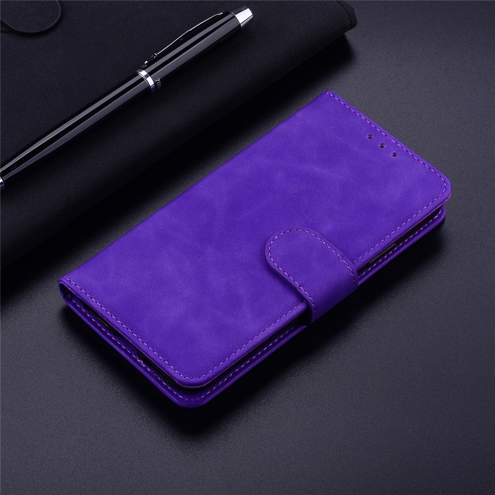Solid Color Phone Case for Samsung Galaxy M14 5G Scratch Resistant PU Leather Wallet Stand Cover - Purple