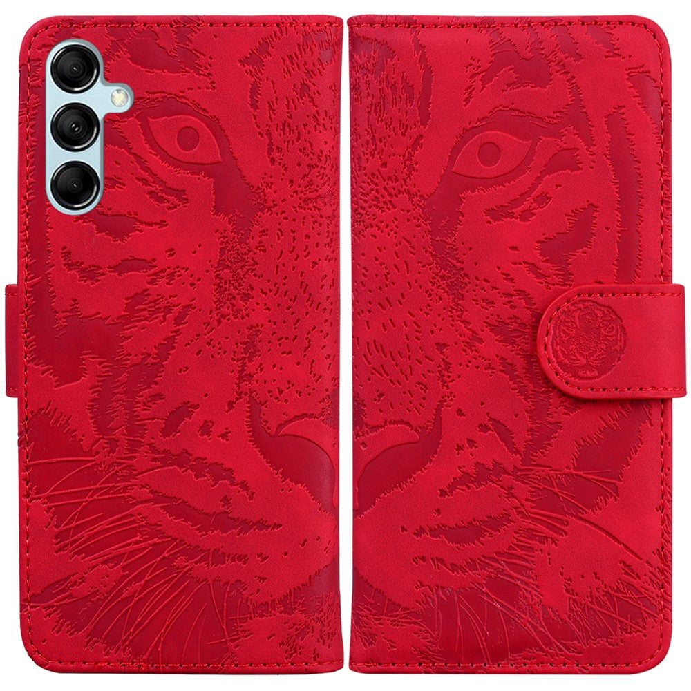 Tiger Imprinted Shell for Samsung Galaxy M14 5G Shockproof PU Leather Wallet Stand Case Phone Cover - Red