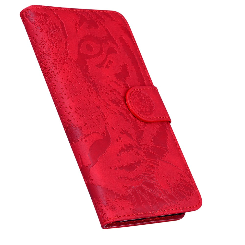Tiger Imprinted Shell for Samsung Galaxy M14 5G Shockproof PU Leather Wallet Stand Case Phone Cover - Red