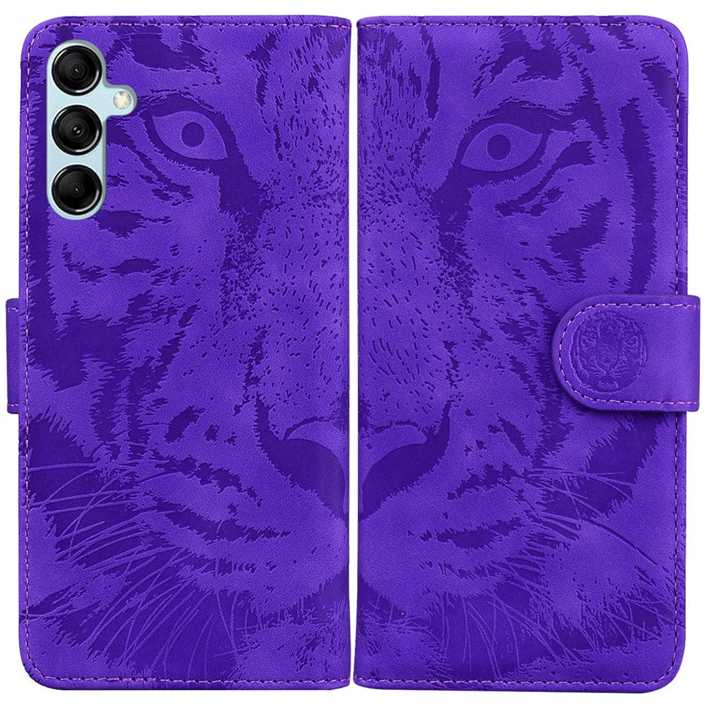 Tiger Imprinted Shell for Samsung Galaxy M14 5G Shockproof PU Leather Wallet Stand Case Phone Cover - Purple