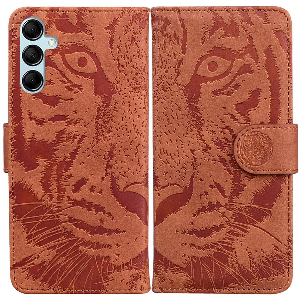 Tiger Imprinted Shell for Samsung Galaxy M14 5G Shockproof PU Leather Wallet Stand Case Phone Cover - Brown