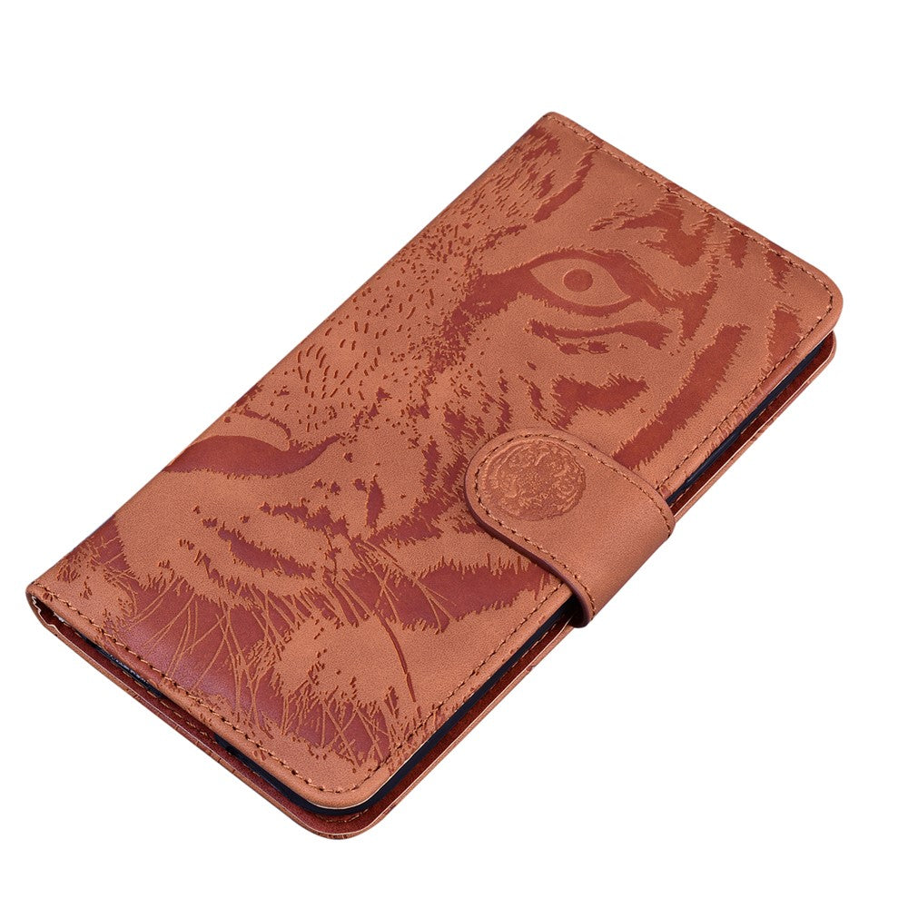 Tiger Imprinted Shell for Samsung Galaxy M14 5G Shockproof PU Leather Wallet Stand Case Phone Cover - Brown