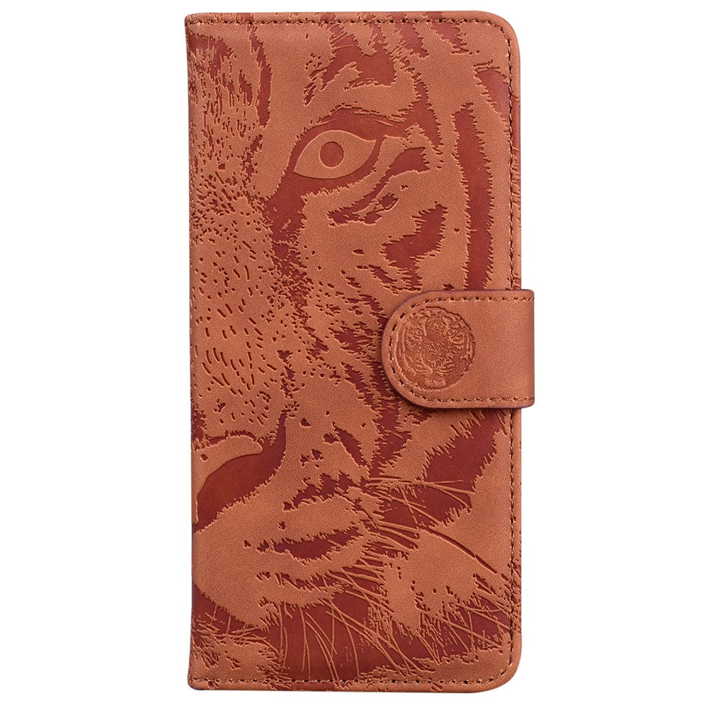 Tiger Imprinted Shell for Samsung Galaxy M14 5G Shockproof PU Leather Wallet Stand Case Phone Cover - Brown