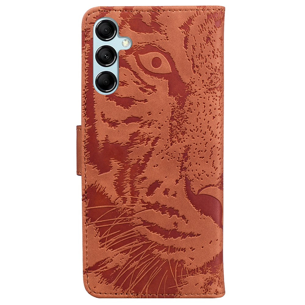 Tiger Imprinted Shell for Samsung Galaxy M14 5G Shockproof PU Leather Wallet Stand Case Phone Cover - Brown