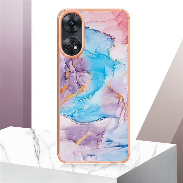 YB IMD Series-1 Marble Floral Pattern Phone Case for Oppo Reno8 T 4G , TPU Electroplating Protective Cover - Milky Way Marble Blue