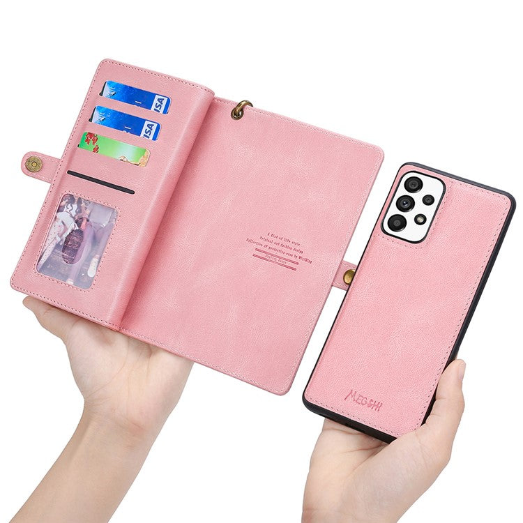 MEGSHI 017 Series For Samsung Galaxy A32 4G (EU Version) Detachable Leather Case Magnetic Absorption Zippered Wallet Shockproof Cover - Rose Gold