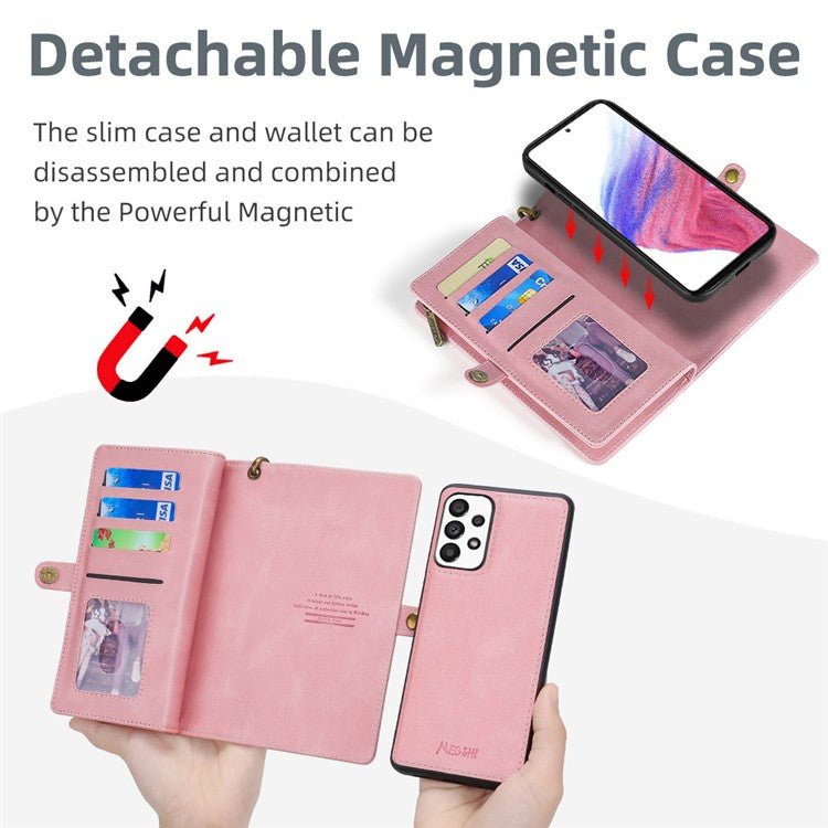 MEGSHI 017 Series For Samsung Galaxy A32 4G (EU Version) Detachable Leather Case Magnetic Absorption Zippered Wallet Shockproof Cover - Rose Gold