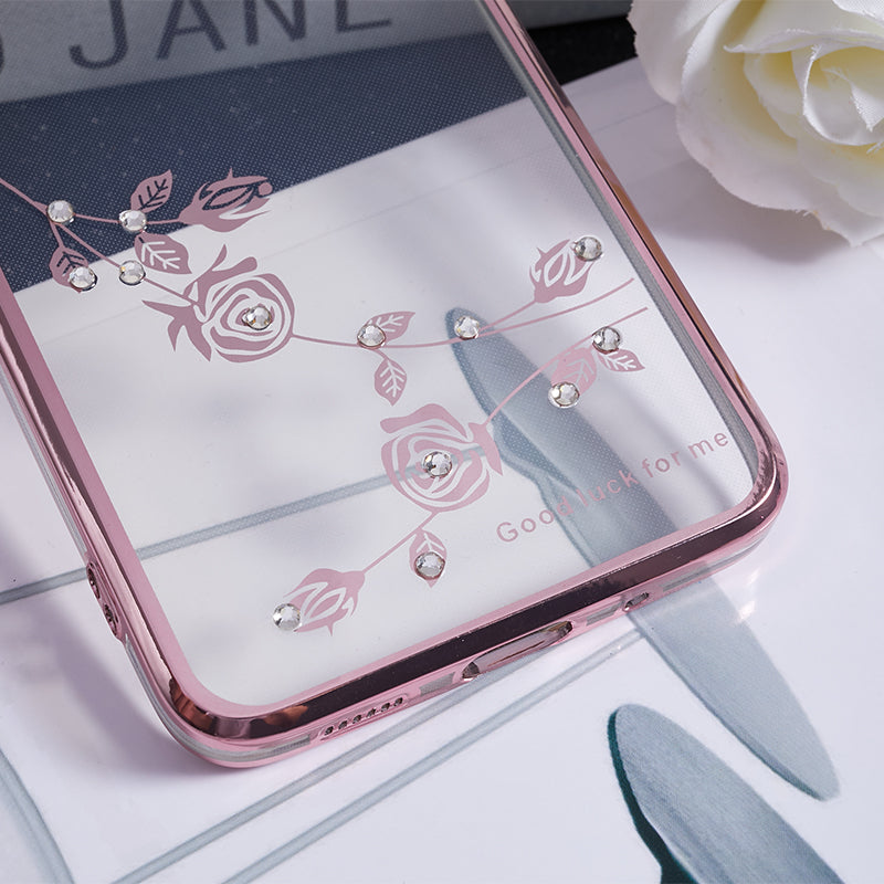 KADEM For Samsung Galaxy S20 5G / 4G Flower Pattern Kickstand Case Rhinestone Electroplating TPU Phone Cover - Rose Gold