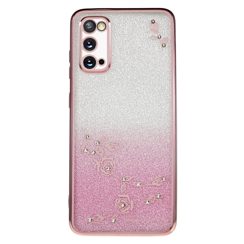 KADEM For Samsung Galaxy S20 5G / 4G Gradient Glitter TPU Phone Case Rhinestone Flower Pattern Cover - Rose Gold