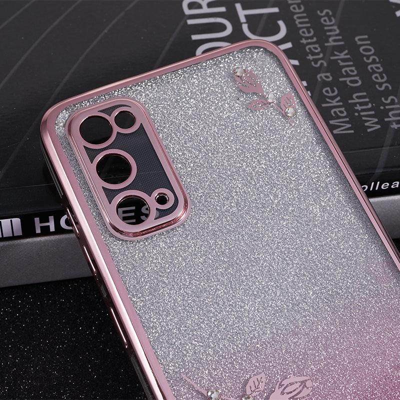 KADEM For Samsung Galaxy S20 5G / 4G Gradient Glitter TPU Phone Case Rhinestone Flower Pattern Cover - Rose Gold