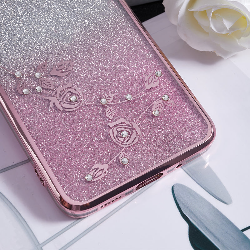 KADEM For Samsung Galaxy S20 5G / 4G Rhinestone Flower Pattern Phone Cover Kickstand Gradient Glitter TPU Case - Rose Gold