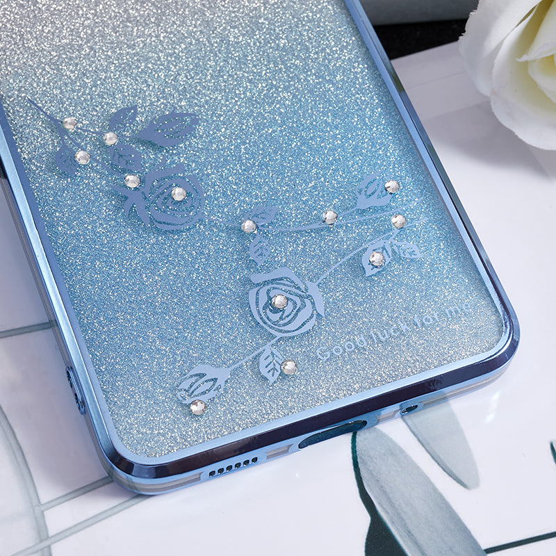 KADEM TPU Case for Samsung Galaxy S20 Ultra Gradient Glitter Rhinestone Decor Flower Pattern Phone Cover - Blue