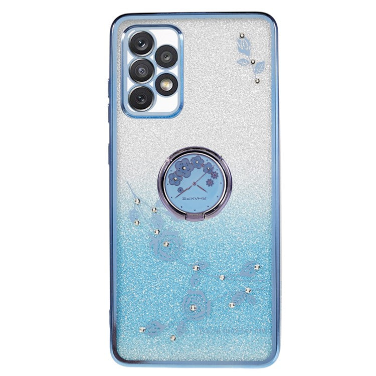 KADEM For Samsung Galaxy A72 5G / 4G Rhinestone Flower Pattern Cover Ring Kickstand Glitter Gradient TPU Phone Case - Blue