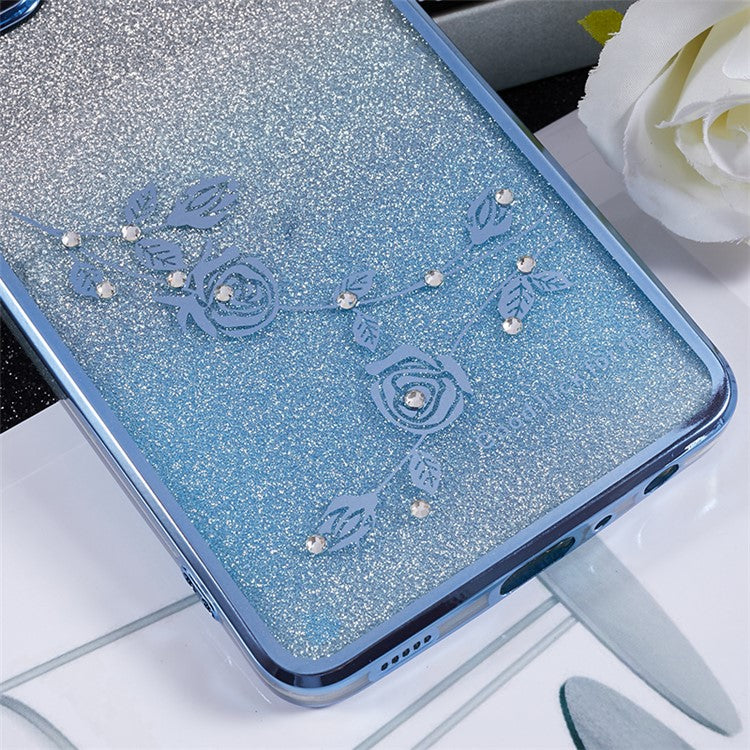 KADEM For Samsung Galaxy A72 5G / 4G Rhinestone Flower Pattern Cover Ring Kickstand Glitter Gradient TPU Phone Case - Blue