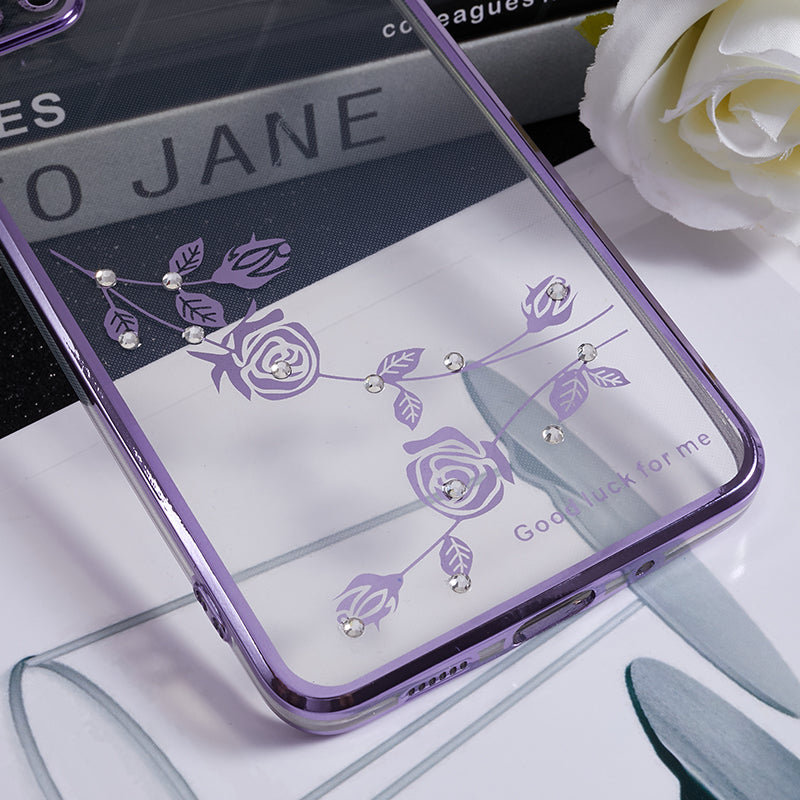 KADEM For Samsung Galaxy S20 Plus 5G / 4G Flower Pattern TPU Case Rhinestone Electroplating Kickstand Phone Cover - Purple