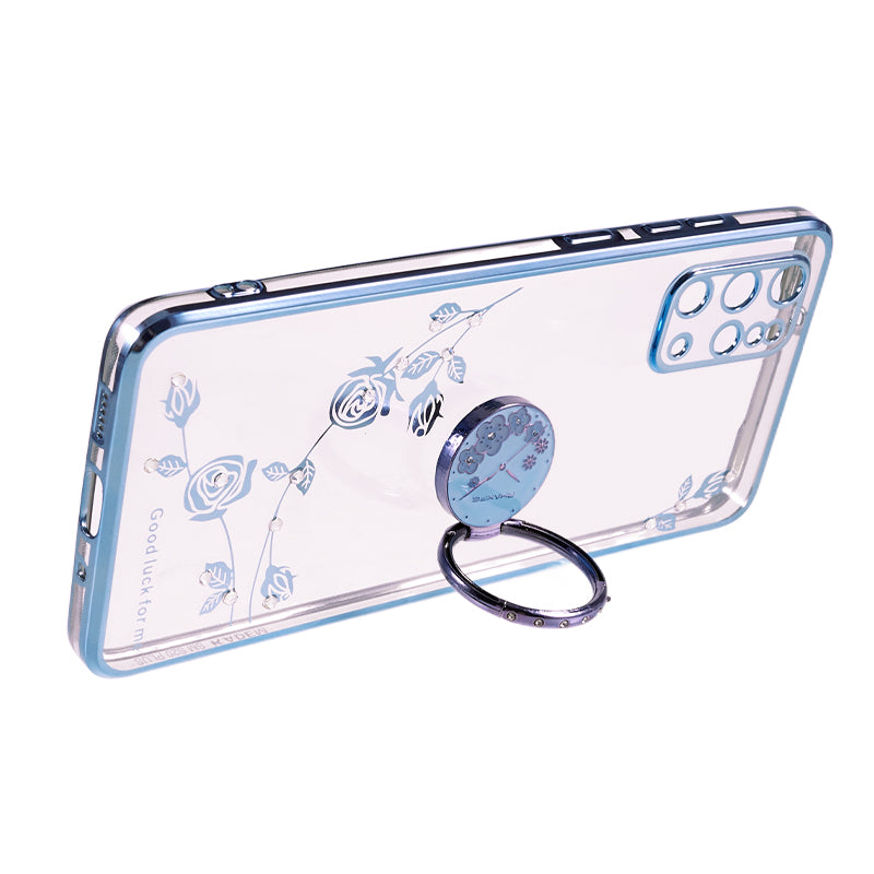 KADEM For Samsung Galaxy S20 Plus 5G / 4G Flower Pattern TPU Case Rhinestone Electroplating Kickstand Phone Cover - Blue