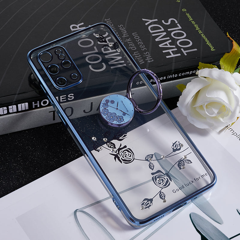 KADEM For Samsung Galaxy S20 Plus 5G / 4G Flower Pattern TPU Case Rhinestone Electroplating Kickstand Phone Cover - Blue