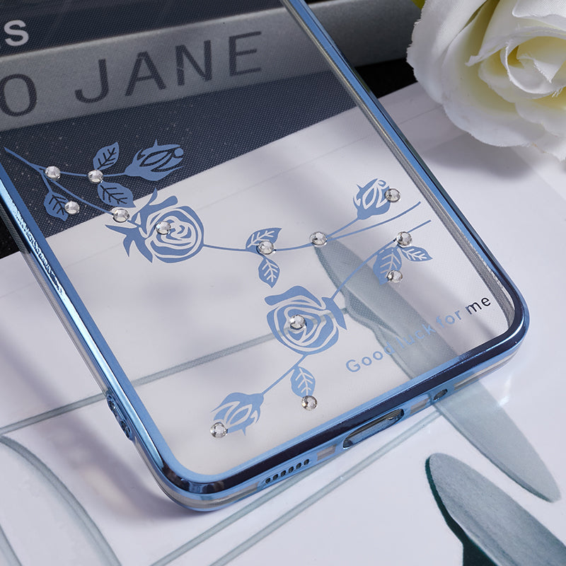 KADEM For Samsung Galaxy S20 Plus 5G / 4G Flower Pattern TPU Case Rhinestone Electroplating Kickstand Phone Cover - Blue