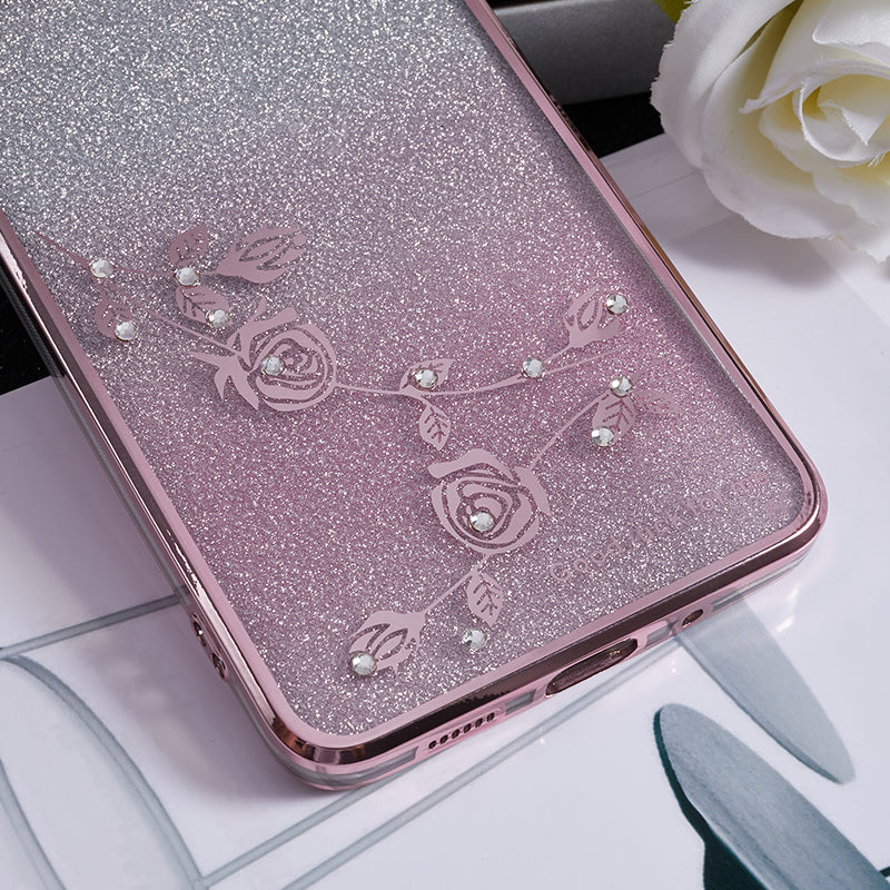KADEM For Samsung Galaxy S20 Plus 5G / 4G TPU Phone Case Flower Pattern Glitter Gradient Rhinestone Phone Kickstand Cover - Rose Gold