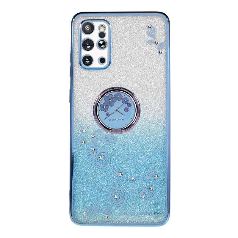KADEM For Samsung Galaxy S20 Plus 5G / 4G TPU Phone Case Flower Pattern Glitter Gradient Rhinestone Phone Kickstand Cover - Blue