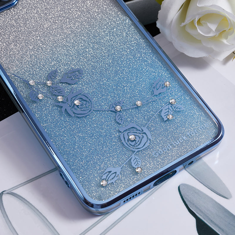 KADEM For Samsung Galaxy S20 Plus 5G / 4G TPU Phone Case Flower Pattern Glitter Gradient Rhinestone Phone Kickstand Cover - Blue