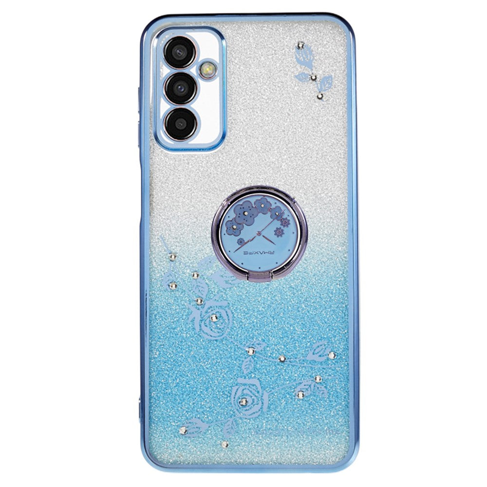 KADEM For Samsung Galaxy M13 4G / F23 5G / M23 5G Glitter Gradient TPU Phone Case Flower Rhinestone Decor Cover with Ring Kickstand - Blue