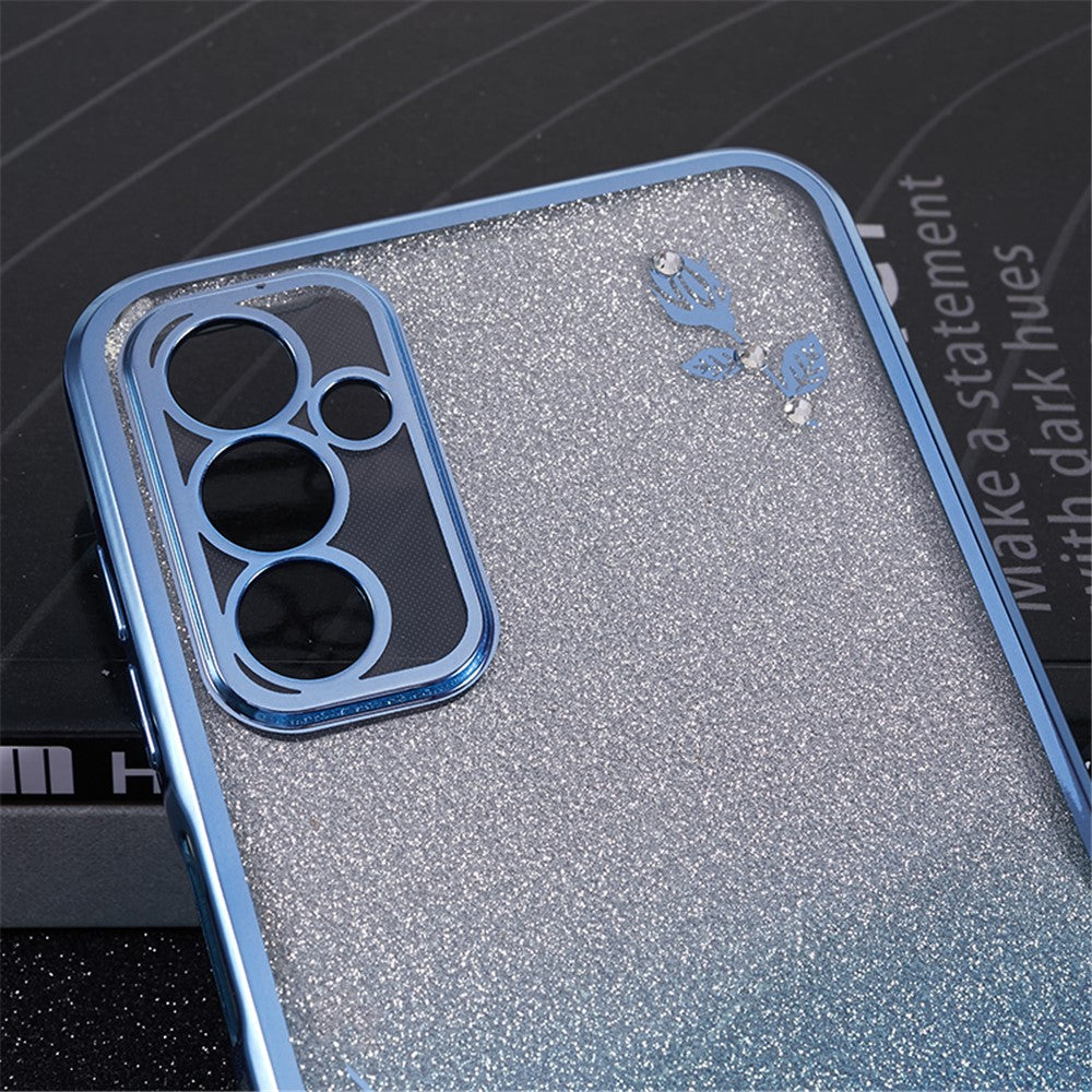 KADEM For Samsung Galaxy M13 4G / F23 5G / M23 5G Glitter Gradient TPU Phone Case Flower Rhinestone Decor Cover with Ring Kickstand - Blue