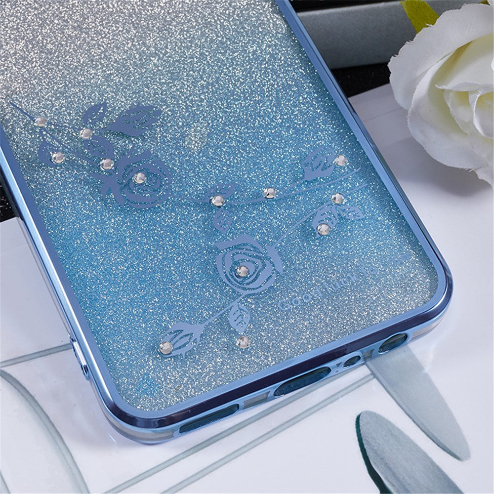 KADEM For Samsung Galaxy M13 4G / F23 5G / M23 5G Glitter Gradient TPU Phone Case Flower Rhinestone Decor Cover with Ring Kickstand - Blue