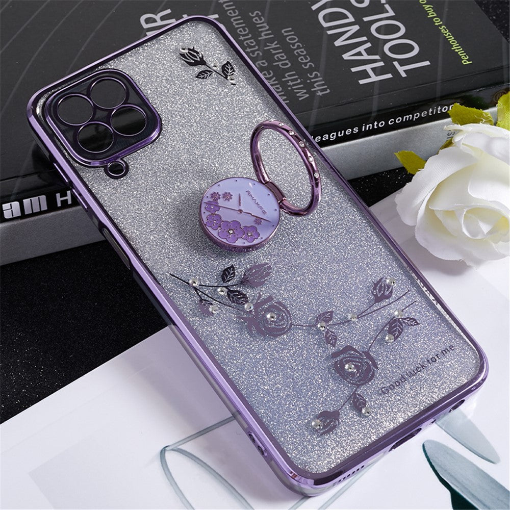 KADEM For Samsung Galaxy M33 5G (Global Version) Kickstand TPU Case Gradient Glitter Rhinestone Flower Pattern Phone Cover - Purple
