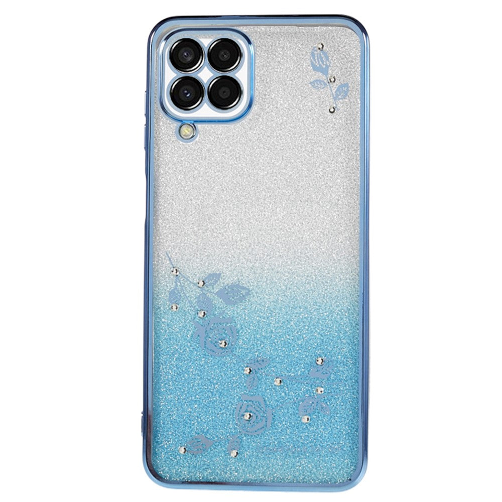 KADEM For Samsung Galaxy M33 5G (Global Version) Gradient Glitter TPU Case Flower Pattern Bling Rhinestone Cover - Blue