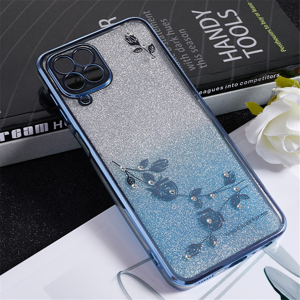 KADEM For Samsung Galaxy M33 5G (Global Version) Gradient Glitter TPU Case Flower Pattern Bling Rhinestone Cover - Blue