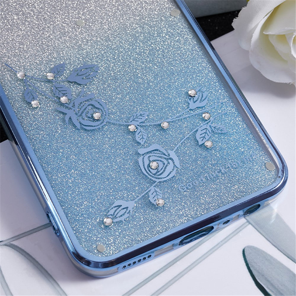 KADEM For Samsung Galaxy M33 5G (Global Version) Gradient Glitter TPU Case Flower Pattern Bling Rhinestone Cover - Blue