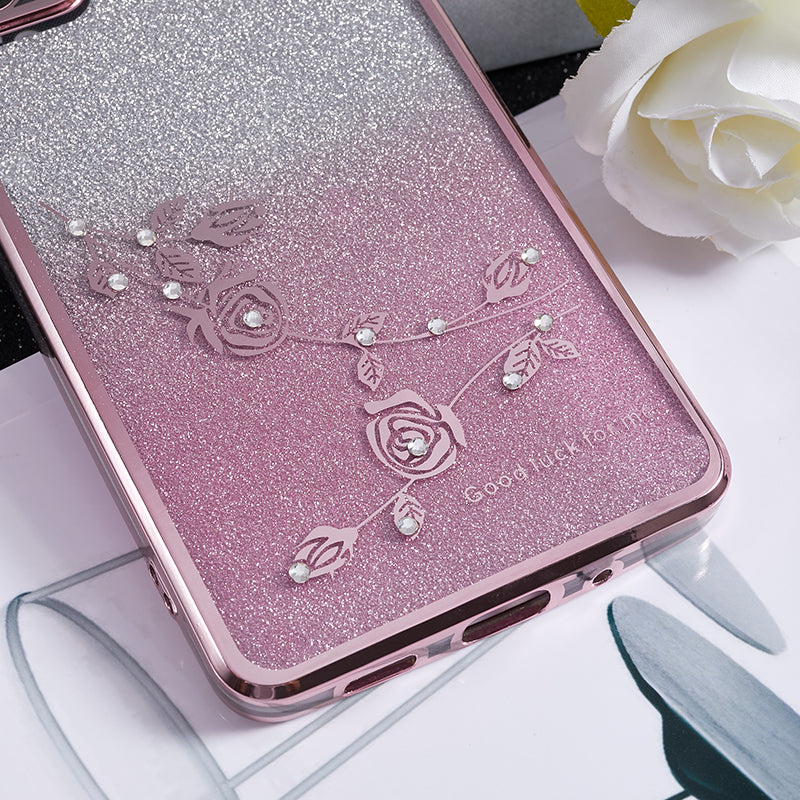 KADEM For Samsung Galaxy S20 FE / FE 5G / FE 2022 / S20 Lite Rhinestone Kickstand Phone Case Flower Pattern Gradient Glitter TPU Cover - Rose Gold