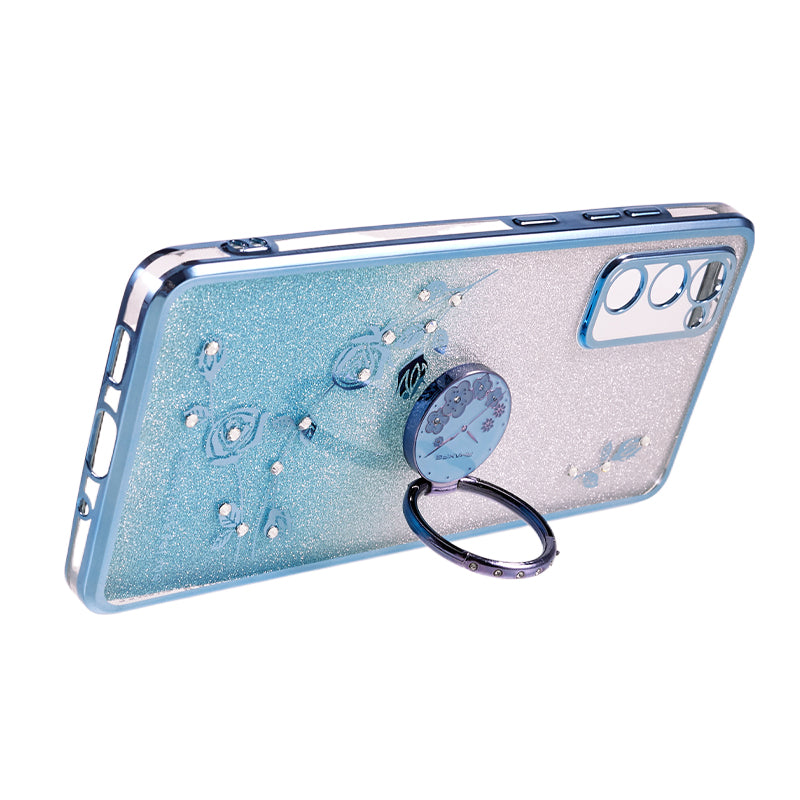 KADEM For Samsung Galaxy S20 FE / FE 5G / FE 2022 / S20 Lite Rhinestone Kickstand Phone Case Flower Pattern Gradient Glitter TPU Cover - Blue